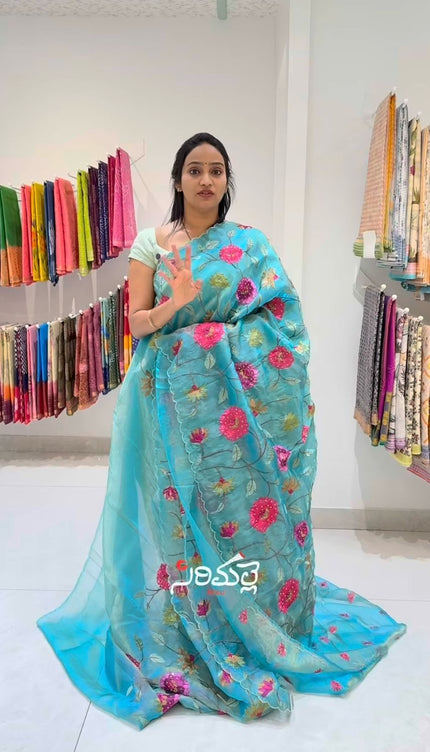 Soft tissue organza saree with Thred work and scallop border - Sea Green