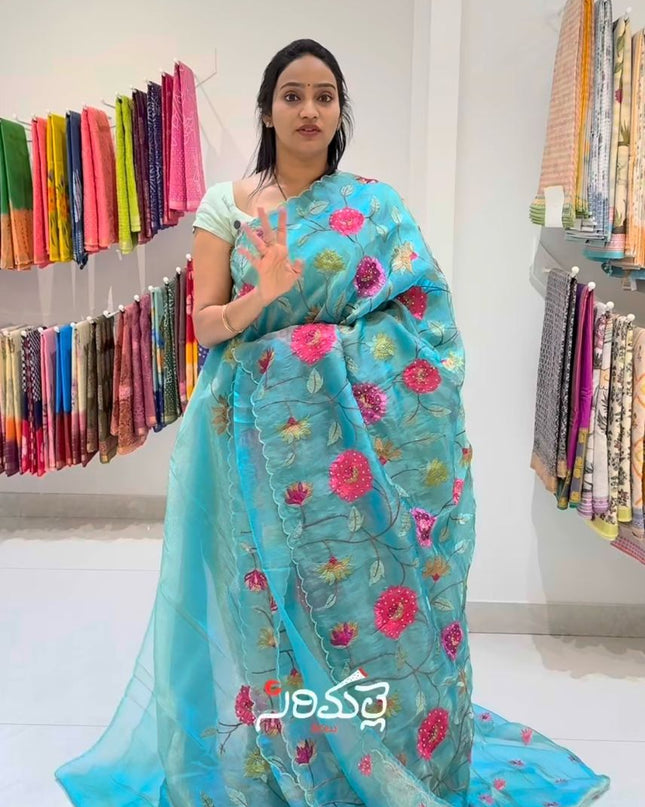 Soft tissue organza saree with Thred work and scallop border - Sea Green