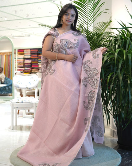 Tissue linen saree with Mango Butties And Dori work With Lace border - Baby Pink