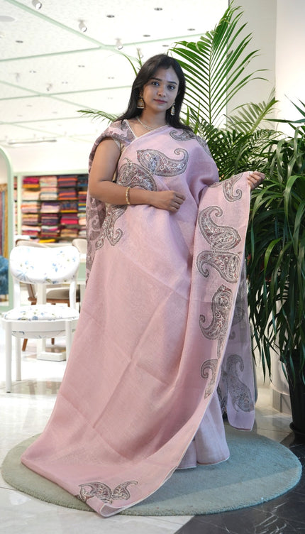Tissue linen saree with Mango Butties And Dori work With Lace border - Baby Pink
