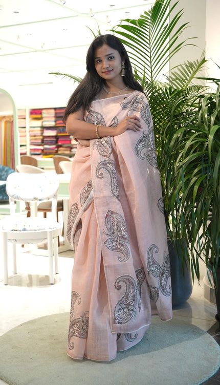 Tissue linen saree with Mango Butties And Dori work With Lace border - Peach