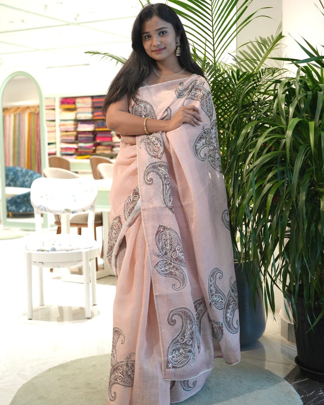 Tissue linen saree with Mango Butties And Dori work With Lace border - Peach