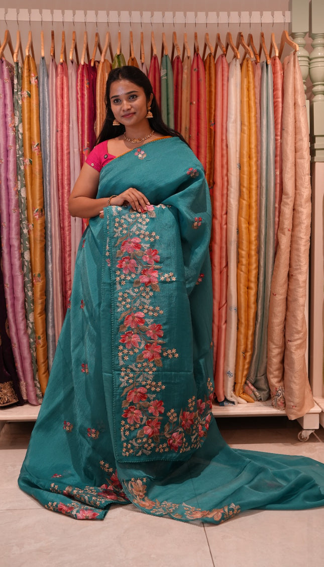 Soft organza saree with thread work butties and lace border  - Teal Blue
