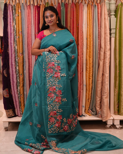 Soft organza saree with thread work butties and lace border  - Teal Blue
