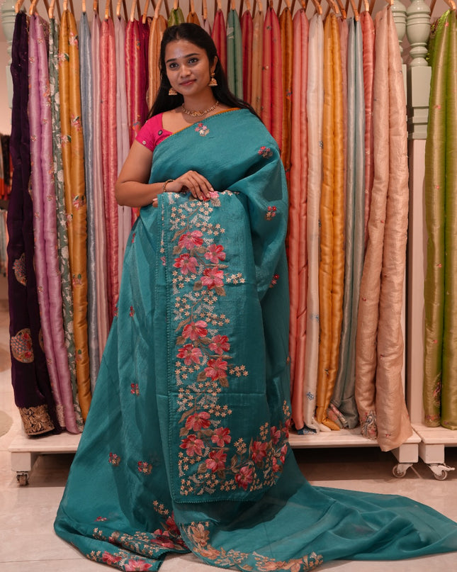 Soft organza saree with thread work butties and lace border  - Teal Blue