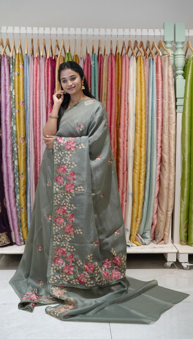 Soft organza saree with thread work butties and lace border - Green