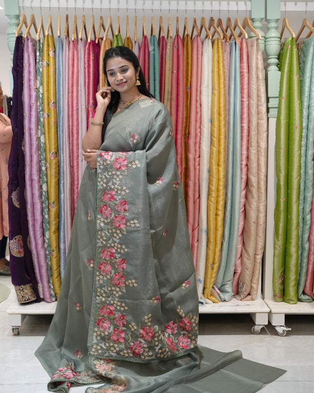 Soft organza saree with thread work butties and lace border - Green