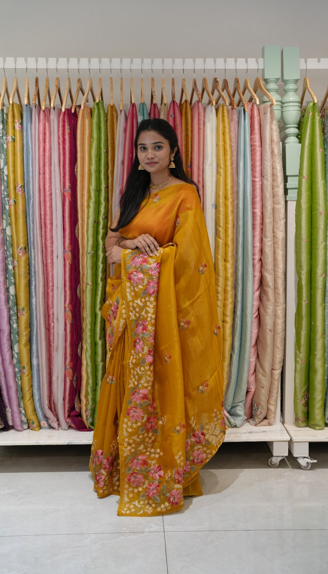 Soft organza saree with thread work butties and lace border - Mustered Yellow