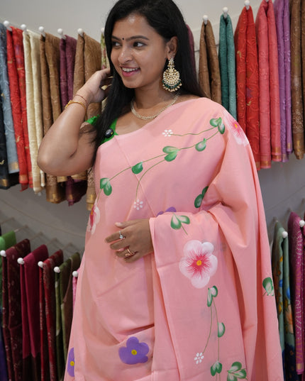 cotton saree with  Allover Printed Floweer Design and contrast border -Pink