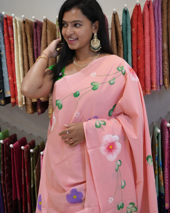 cotton saree with  Allover Printed Floweer Design and contrast border -Pink
