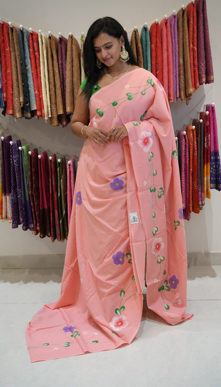 cotton saree with  Allover Printed Floweer Design and contrast border -Pink