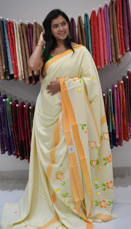 cotton saree with  Allover Printed Floweer Design and contrast border -Cream
