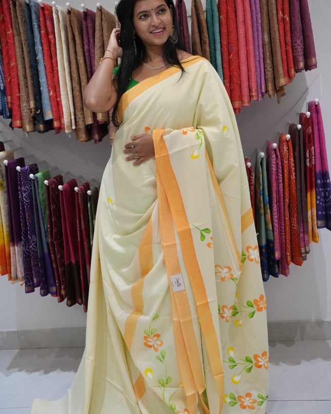 cotton saree with  Allover Printed Floweer Design and contrast border -Cream