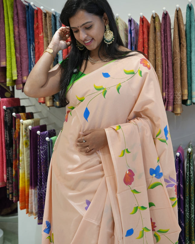 cotton saree with  Allover Printed Floweer Design and contrast border -Peach