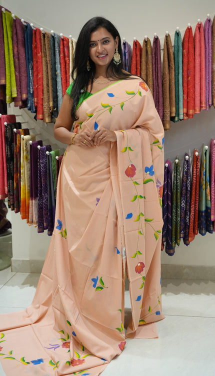 cotton saree with  Allover Printed Floweer Design and contrast border -Peach