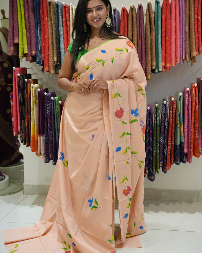 cotton saree with  Allover Printed Floweer Design and contrast border -Peach