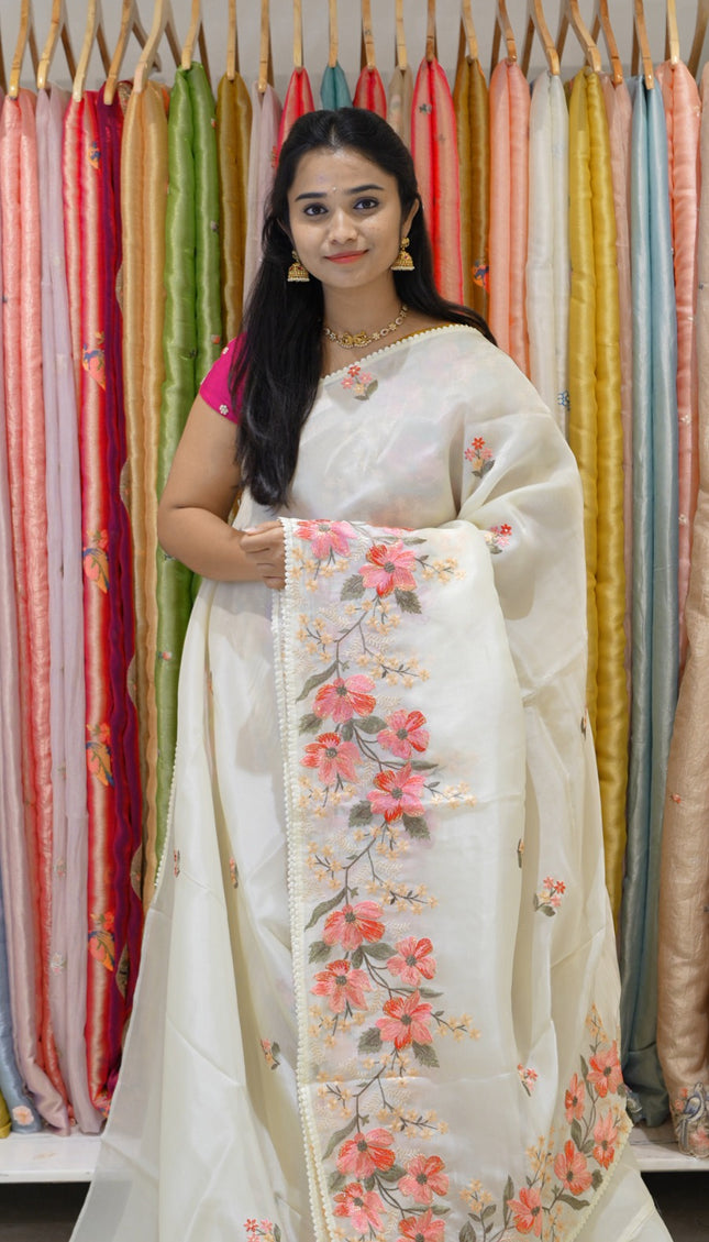 Soft organza saree with thread work butties and lace border - Off White