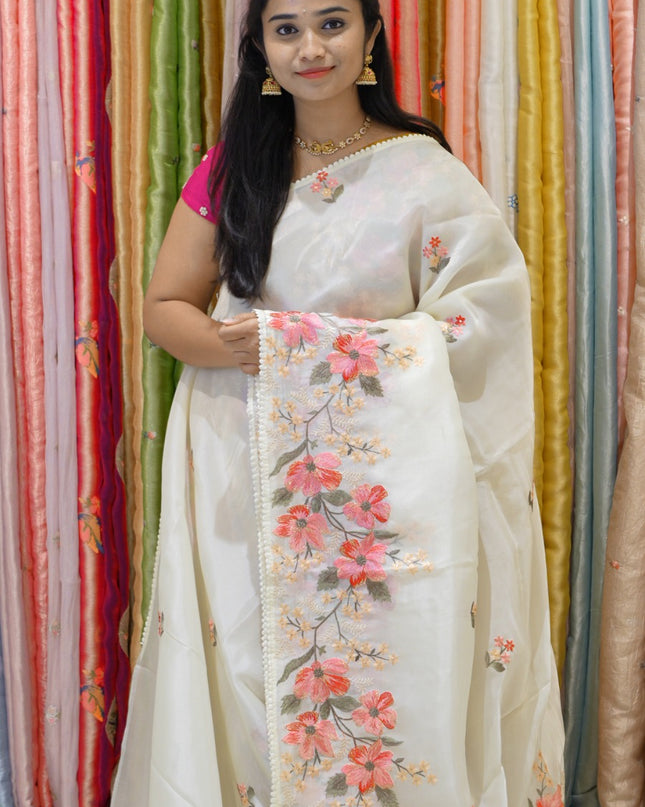 Soft organza saree with thread work butties and lace border - Off White