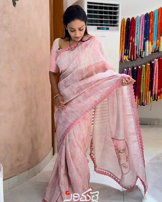 Tissue Chanderi Saree With Texture Print Design and Lace Border - Onion Pink