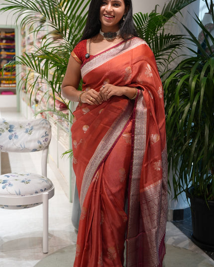 Silk Kota Saree with Gold and Silver Butties and Satin Border - Brick