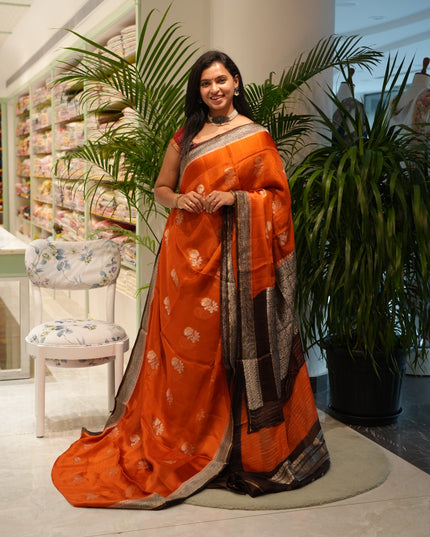Silk Kota Saree with Gold and Silver Butties and Satin Border - Orange