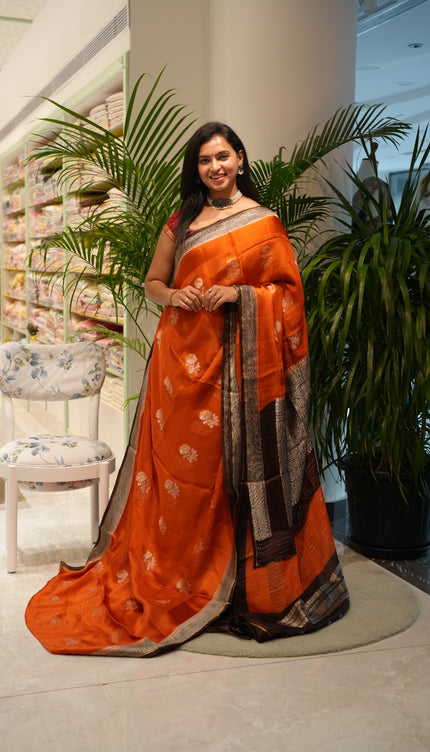 Silk Kota Saree with Gold and Silver Butties and Satin Border - Orange