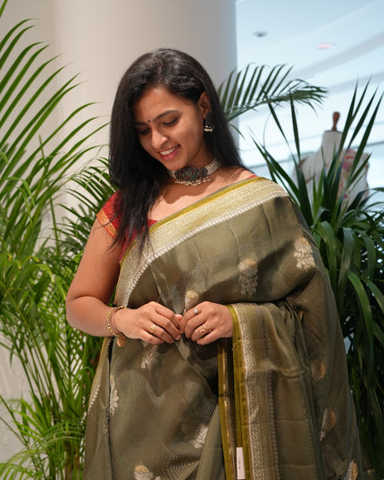 Silk Kota Saree with Gold and Silver Butties and Satin Border - Green