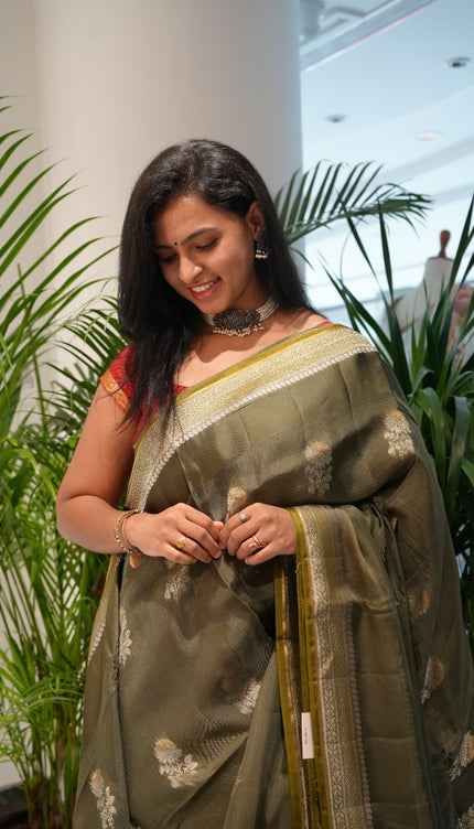 Silk Kota Saree with Gold and Silver Butties and Satin Border - Green