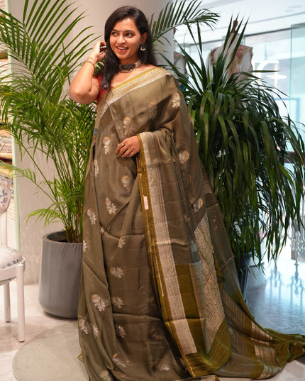 Silk Kota Saree with Gold and Silver Butties and Satin Border - Green