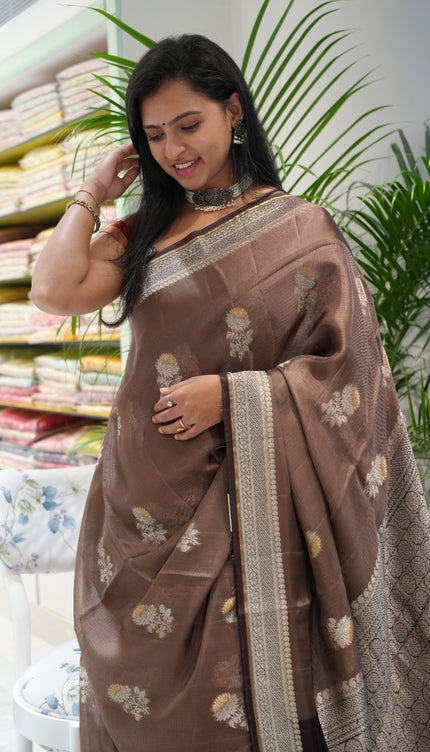 Silk Kota Saree with Gold and Silver Butties and Satin Border - Coffe Brown