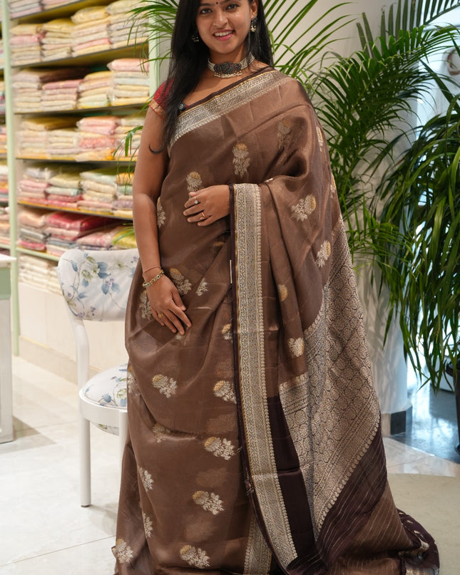 Silk Kota Saree with Gold and Silver Butties and Satin Border - Coffe Brown