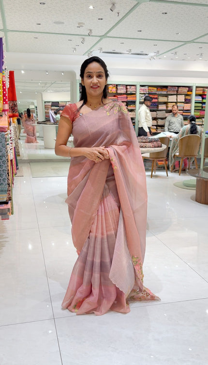 Linen Tissue saree with Abstract work and Embossed  Thread Work  and scallop border - Light Pink