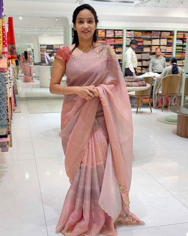 Linen Tissue saree with Abstract work and Embossed  Thread Work  and scallop border - Light Pink