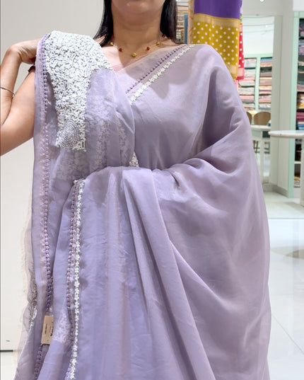 Tissue Georgette Saree with Kutch  work and Lace Border-Lavender