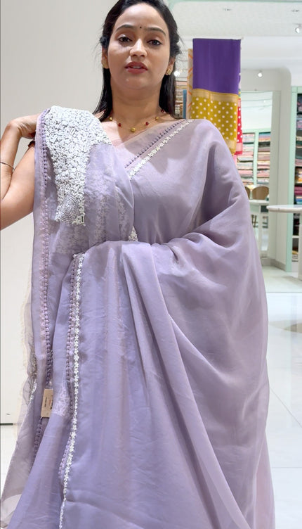 Tissue Georgette Saree with Kutch  work and Lace Border-Lavender