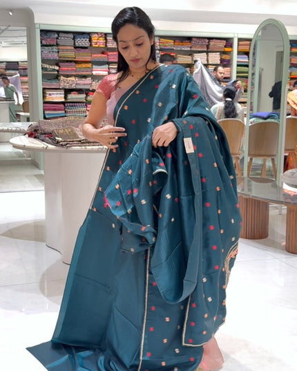 Dupion silk saree with thread butties and border - Teal Green