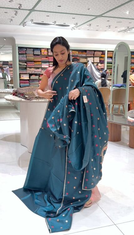 Dupion silk saree with thread butties and border - Teal Green