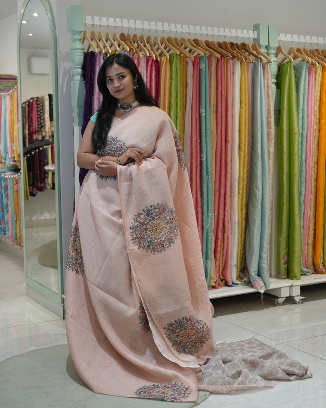 Tissue linen saree with floral Butties And Dori work With scallop border - Peach