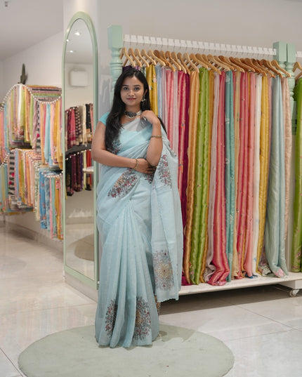 Tissue linen saree with floral Butties And Dori work With scallop border - Blue