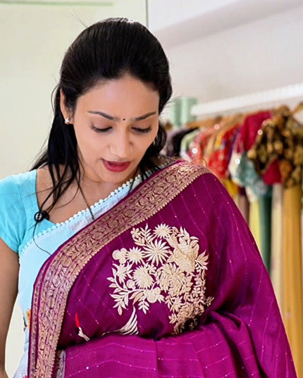 Chiffon saree with Parsi Gara work and kanchi border - Purple