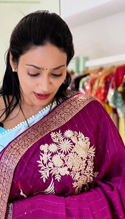 Chiffon saree with Parsi Gara work and kanchi border - Purple