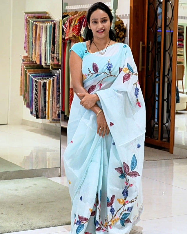 Silk Kota Saree with Kantha Work with French knot Work and Lace Border -  Mint Green