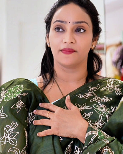 Tusser silk saree with applique and pitta work with scallop border - Bottle Green