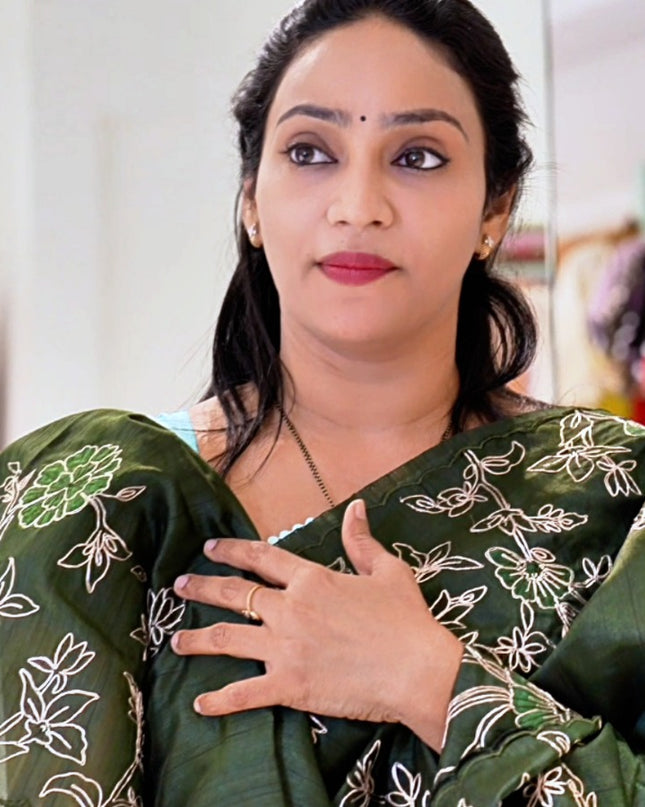 Tusser silk saree with applique and pitta work with scallop border - Bottle Green