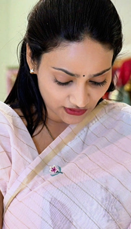 Mul  chanderi saree with thread embroidery butties -Baby Pink