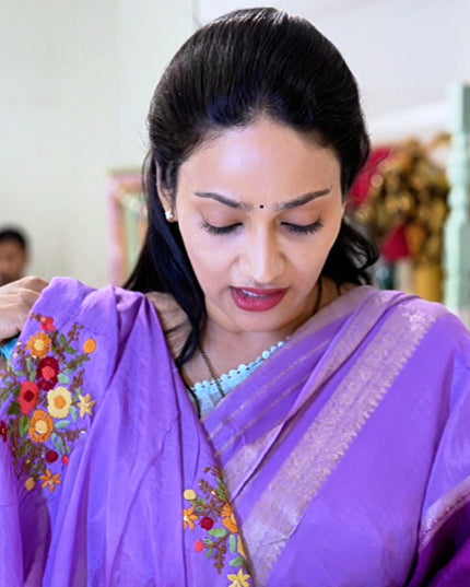 Chinnon Crape Saree French Knot Work Design and Golden Zari Gap Border Border - Purple