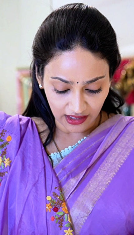 Chinnon Crape Saree French Knot Work Design and Golden Zari Gap Border Border - Purple
