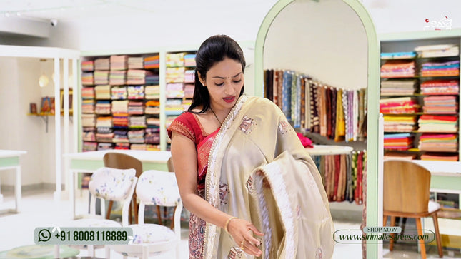 Mashru satin saree with pichwai butties and Parsi Work lace border - Tan