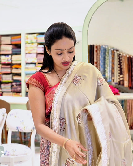 Mashru satin saree with pichwai butties and Parsi Work lace border - Tan