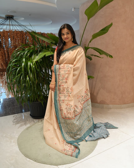 Chanderi Cotton Allover  Floral Print With Kantha Work Design With Small Contrast Border - Beige& Rama Green